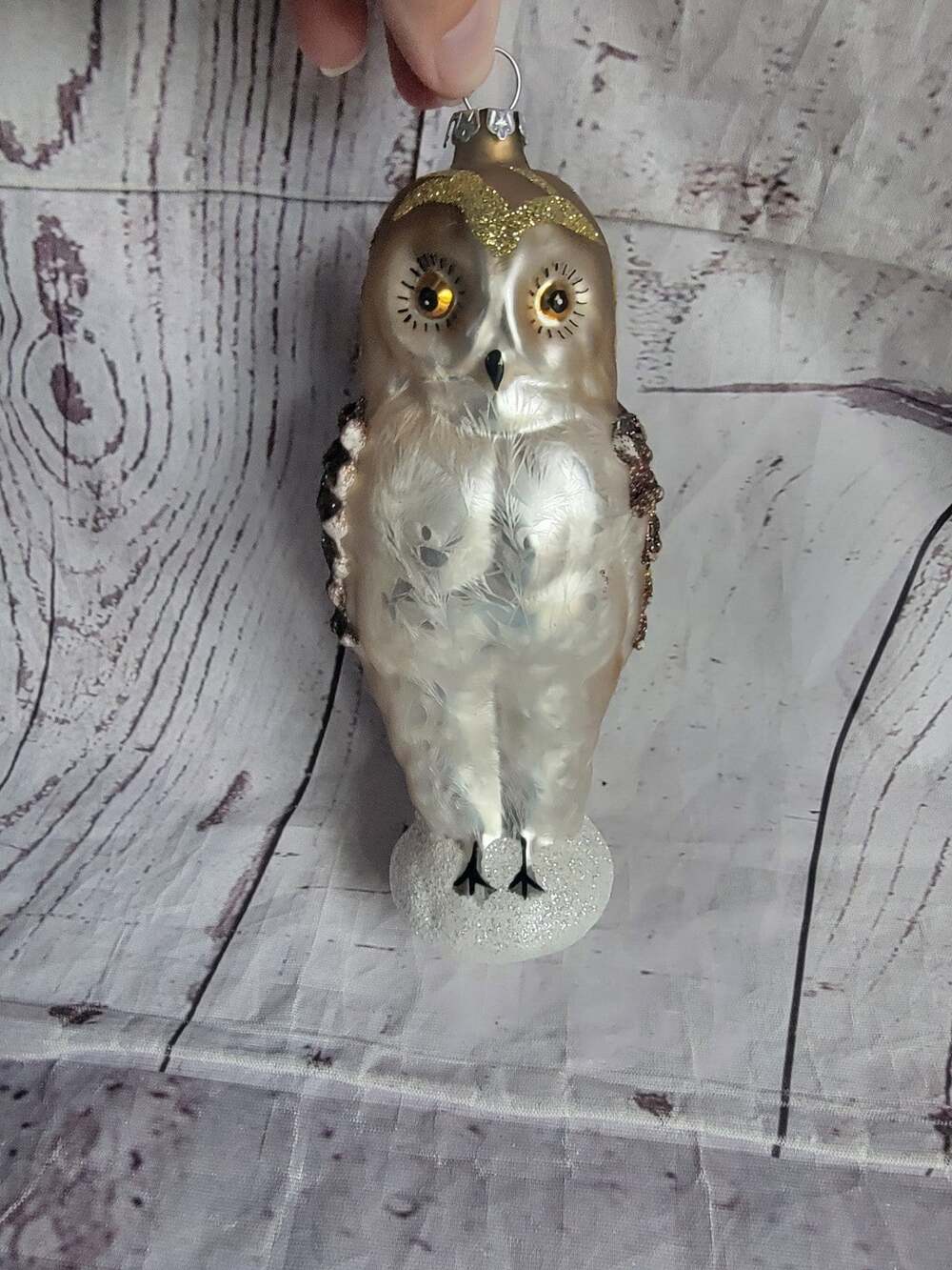 Vintage Glass Ornament Owl White Bronze Tone Glitter Goldtone Wings 6.5in